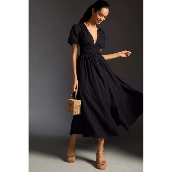 Anthropologie Dresses & Skirts - Anthropologie Katerina Button-Front Dress Maxi Dress Black Cotton V-Neck Large